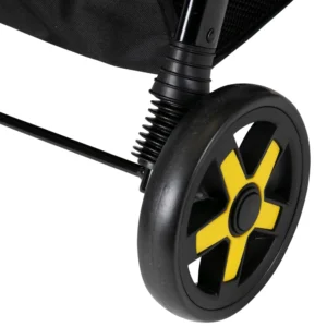Daisy Chain Connect Dolls pram wheel detail. Black rubber tyres and yellow wheel centre