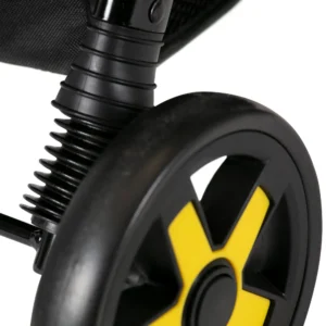 Detail of Daisy Chain Connect Dolls Pram rear wheel with black rubber tyres and yellow accent on wheel