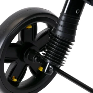Detail of Daisy Chain Connect Dolls Pram rear wheel with black rubber tyres and black axle and frame.