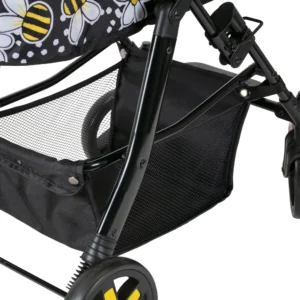 Detail of Daisy Chain Connect Dolls Pram shopping basket. Pram has a black frame and bumblebee fabric can be seen top left on the base of the cot.