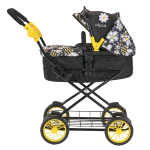 Daisy Chain Destiny Travel System Dolls Pram in Bumblebee fabric. The pram has a black frame, cot has a black quilted fabric body with an apron on top in bumblebee fabric and hood is half black and half bumblebee fabric. The pram has yellow wheels with black tyres.
