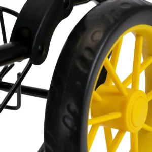 Daisy Chain Destiny Travel System Dolls Pram in Bumblebee fabric. Close up of yellow wheel and black rubber tyre.