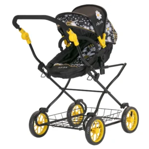 Daisy Chain Destiny Travel System Dolls Pram in Bumblebee fabric. The pram has a black frame, cot has a black quilted fabric body with an apron on top in bumblebee fabric shown in the image in pushchair mode and hood is half black and half bumblebee fabric. The pram has yellow wheels with black tyres.