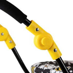 Daisy Chain Destiny Travel System Dolls Pram in Bumblebee fabric. Close up of handlebar showing height adjuster in yellow and handle in black EVA foam.