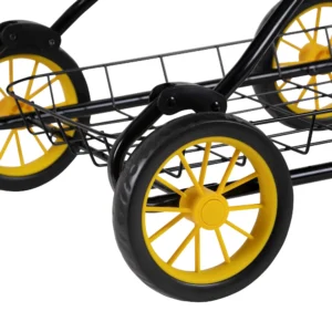 Daisy Chain Destiny Travel System Dolls Pram in Bumblebee fabric. Close up of wheels in yellow with black rubber tyres and black metal shopping tray.