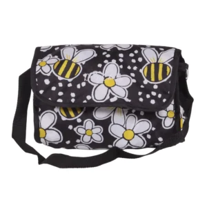 Daisy Chain shoulder bag in bumblebee fabric with a black shoulder strap and black trim.