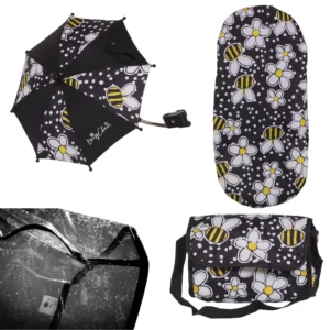 Daisy Chain Dolls Pram Accessory Pack in Bumblebee fabric. Top left is the parasol in alternating black and bumblebee fabric. Top right is the mattress in all bumblebee fabric. Bottom left is the rain cover in clear plastic with black trim. Bottom right is the shoulder bag in bumblebee fabric.