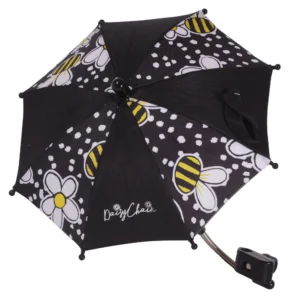 Daisy Chain parasol with alternating black and bumblebee fabric. Parasol has a clamp on the end to attach it to a pram or pushchair.