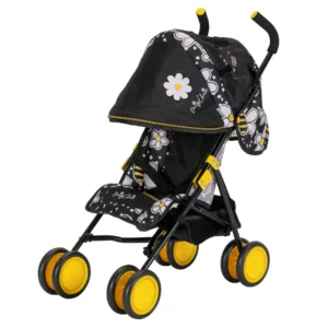 Daisy Chain Little Zipp Dolls Pushchair in Bumblebee fabric shown on an angle with the handles on the right side. Hood is down and is mainly black with bumblebee fabric at the back. Seat has black centre with bumblebee fabric around the edge. Wheels are yellow and shopping basket at bottom of pushchair is black