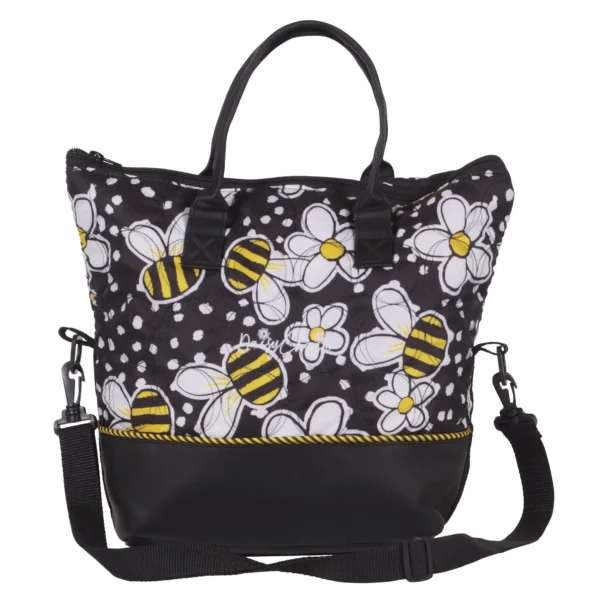 Daisy Chain Luxury Tote Bag in Bumblebee fabric . Bag has carry handles and shoulder strap is on ground in front of bag. Bag is in bumblebee fabric with a black leatherette band around the bottom of the bag.