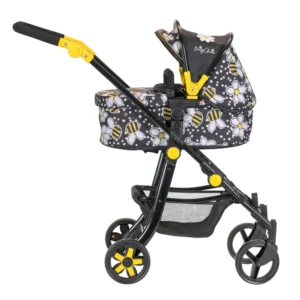 Daisy Chain Pinnacle Double Dolls Pram in Bumblebee fabric for ages 6-13 years old. The pram has a black frame with yellow accents. Cot has a bumblebee fabric body and hood is half black and half bumblebee fabric.