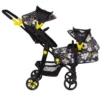 Daisy Chain Pinnacle Double Dolls Pram in Bumblebee fabric for ages 6-13 years old. The pram has a black frame with yellow accents. Cot has a bumblebee fabric body and pushchair seat has a black body. Both the cot and seat have hoods which are half black and half bumblebee fabric.