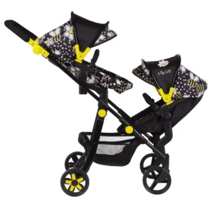 Daisy Chain Pinnacle Double Dolls Pram in Bumblebee fabric for ages 6-13 years old. The pram has a black frame with yellow accents. Cot (shown here in pushchair mode) has a bumblebee fabric body and pushchair seat has a black body. Both the cot and seat have hoods which are half black and half bumblebee fabric.