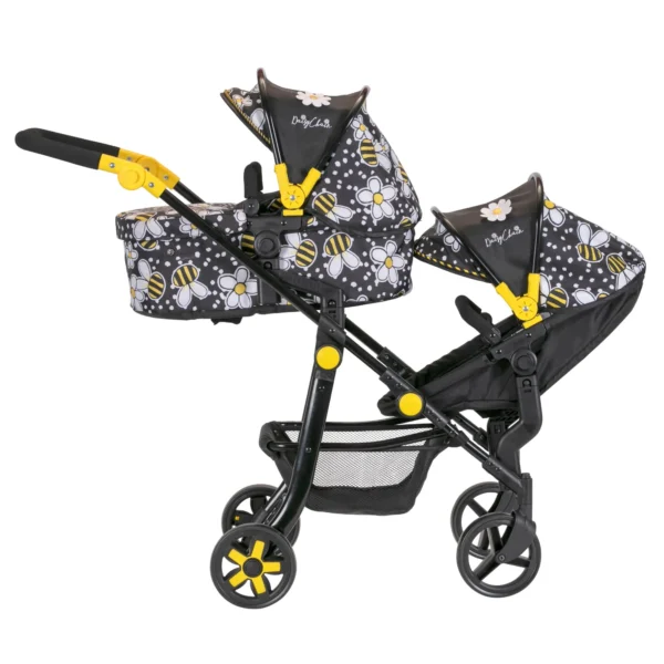 Daisy Chain Pinnacle Double Dolls Pram in Bumblebee fabric for ages 6-13 years old. The pram has a black frame with yellow accents. Cot has a bumblebee fabric body and pushchair seat has a black body. Both the cot and seat have hoods which are half black and half bumblebee fabric.