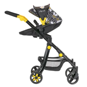 Daisy Chain Pinnacle Double Dolls Pram in Bumblebee fabric for ages 6-13 years old. The pram has a black frame with yellow accents. Pushchair seat has a black fabric body and hood is half black and half bumblebee fabric.