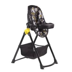 Daisy Chain Unity High Chair/Car Seat in Bumblebee fabric. High Chair seat is in bumblebee fabric with a black feeding tray. It sits on a black A-frame with a handy basket underneath for storage.