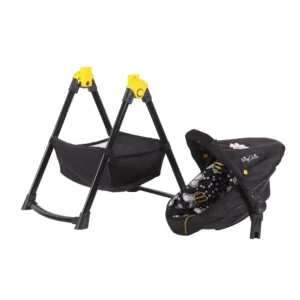 Daisy Chain Unity High Chair/Car Seat in Bumblebee fabric. Car seat shown in bumblebee fabric with a black canopy. It sits beside a black A-frame with a handy basket underneath for storage.