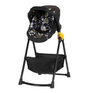 Daisy Chain Unity High Chair/Car Seat in Bumblebee fabric. Car seat shown in bumblebee fabric with a black canopy. It sits on a black A-frame with a handy basket underneath for storage.