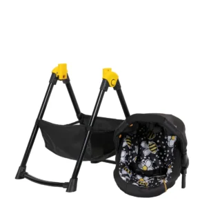 Daisy Chain Unity High Chair/Car Seat in Bumblebee fabric. Car seat shown in bumblebee fabric with a black canopy. It sits beside a black A-frame with a handy basket underneath for storage.