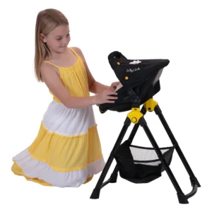 Daisy Chain Unity High Chair/Car Seat in Bumblebee fabric. Car seat shown in bumblebee fabric with a black canopy. It sits on a black A-frame with a handy basket underneath for storage.. Girl in yellow and white striped summer dress knelt in front of the car seat.