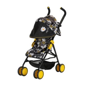 Daisy Chain Zipp Max Dolls Pushchair in Bumblebee fabric shown on an angle with the handles on the right side. Hood is down and is mainly black with bumblebee fabric at the back. Seat is in bumblebee fabric. Wheels are yellow and shopping basket at bottom of pushchair is black
