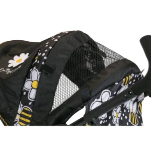Daisy Chain Zipp Max Dolls Pushchair in Bumblebee fabric - Close up of hood showing the mesh in the hood so you can see the doll in the seat whilst pushing the pushchair.