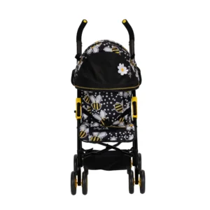 Daisy Chain Zipp Max Dolls Pushchair in Bumblebee fabric shown head on with the handles at the back. Hood is down and is black at the front of the hood with bumblebee fabric at the top and back of the hood. Seat is in bumblebee fabric.