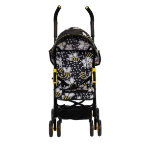 Daisy Chain Zipp Max Dolls Pushchair in Bumblebee fabric shown head on with the handles at the back. Hood is up and is black at the front of the hood with bumblebee fabric at the top and back of the hood. Seat is in bumblebee fabric.