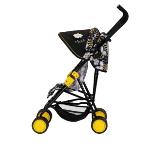 Daisy Chain Zipp Max Dolls Pushchair in Bumblebee fabric shown side on with the handles on the right side. Hood is partly up and is black at the front of the hood with bumblebee fabric at the back of the hood. Wheels are yellow and shopping basket at bottom of pushchair is black