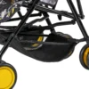 Daisy Chain Zipp Twin Max Dolls Pushchair in Bumblebee fabric. Close up of shopping basket – one under each seat. Pushchair frame is black and on edges of photo the yellow wheels are visible with black tyres.