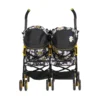 Daisy Chain Zipp Twin Max Dolls Pushchair in Bumblebee fabric. Shown front on. The pushchair has 2 seats side-by-side in the bumblebee fabric and two hoods with black fabric at the front and bumblebee fabric at the back of the hoods. Wheels are yellow with black tyres.