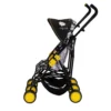 Daisy Chain Zipp Twin Max Dolls Pushchair in Bumblebee fabric. Shown side on facing left. The pushchair has 2 seats side-by-side in the bumblebee fabric and two hoods with black fabric at the front and bumblebee fabric at the back of the hoods. Wheels are yellow with black tyres.