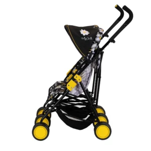 Daisy Chain Zipp Twin Max Dolls Pushchair in Bumblebee fabric. Shown side on facing left. The pushchair has 2 seats side-by-side in the bumblebee fabric and two hoods with black fabric at the front and bumblebee fabric at the back of the hoods. Wheels are yellow with black tyres.