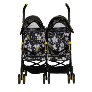 Daisy Chain Zipp Twin Max Dolls Pushchair in Bumblebee fabric. Shown front on. The pushchair has 2 seats side-by-side in the bumblebee fabric and two hoods with black fabric at the front and bumblebee fabric at the back of the hoods. Wheels are yellow with black tyres.