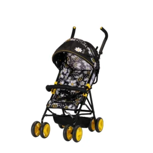 Daisy Chain Zipp Zenith Dolls Pushchair in Bumblebee fabric shown on an angle with the handles on the right side. Hood is mainly black with bumblebee fabric at the back. Seat is in bumblebee fabric with a black bumper bar across the front of the seat. Wheels are yellow with black tyres and shopping basket at bottom of pushchair is black as is the frame of the pushchair.
