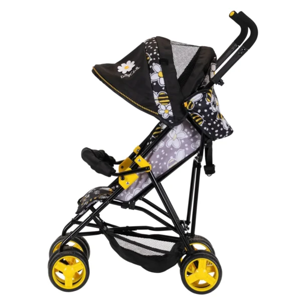 Daisy Chain Zipp Zenith Dolls Pushchair in Bumblebee fabric shown side on with the handles on the right side. Hood is mainly black with bumblebee fabric at the back. Seat is in bumblebee fabric with a black bumper bar across the front of the seat. Wheels are yellow with black tyres and shopping basket at bottom of pushchair is black as is the frame of the pushchair.