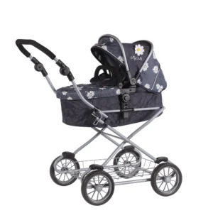 Daisy Chain Destiny Travel System Pram in Daisy Dot fabric shown on an angle with handle on the left. Hood is up and is mainly navy blue with accents of daisy's and white polka dots Silver metal with a white and yellow flower rosette and an with an embroidered Daisy Chain logo in white. Wheels are black with a shopping basket at bottom of pushchair which is Silver, like the frame. The frame of the pushchair is silver.