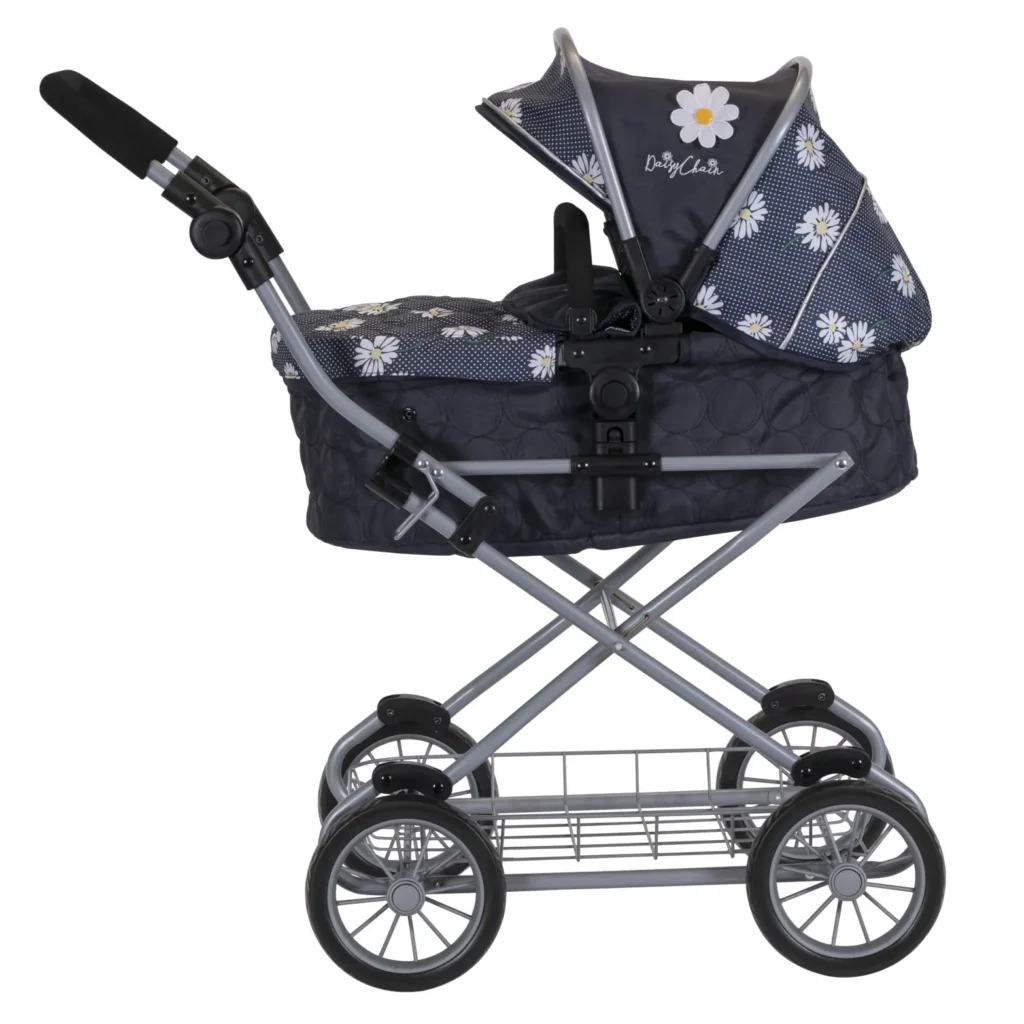 Daisy Chain Destiny Travel System Pram in Daisy Dot fabric shown side on with handle on the left. Hood is up and is mainly navy blue with accents of daisy's and white polka dots Silver metal with a white and yellow flower rosette and an with an embroidered Daisy Chain logo in white. Wheels are black with a shopping basket at bottom of pushchair which is Silver, like the frame. The frame of the pushchair is silver.