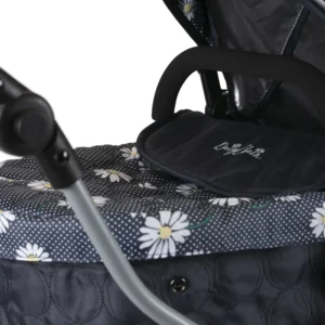 Daisy Chain Destiny Travel System Pram in Daisy Dot fabric. Close up of the apron with an embroidered Daisy Chain logo in white and a quilted finish to the fabric.