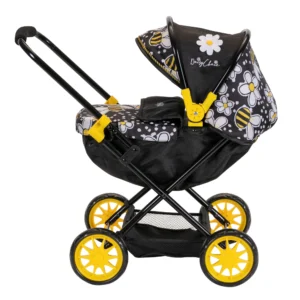 Daisy Chain Pocket Pram in Bumblebee - For ages 18 months - 3 years. Black frame with yellow accents, black cot and Bumblebee fabric hood.