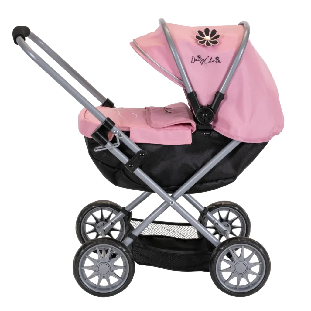 Daisy Chain Pocket Pram in Classic Pink - For ages 18 months - 3 years. Silver frame, black cot and pink hood.