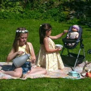 two girls outdoors on a picnic blanket playing with a dolls highchair